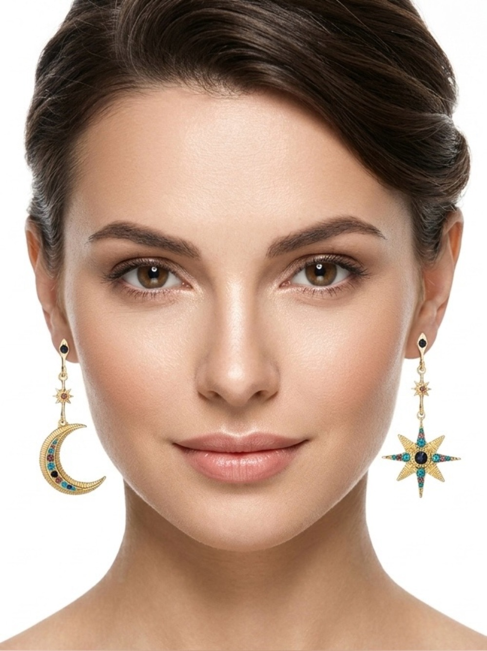 Eye Candy Los Angeles Luxe Celestial crystal Moon and Star Dangle Earrings